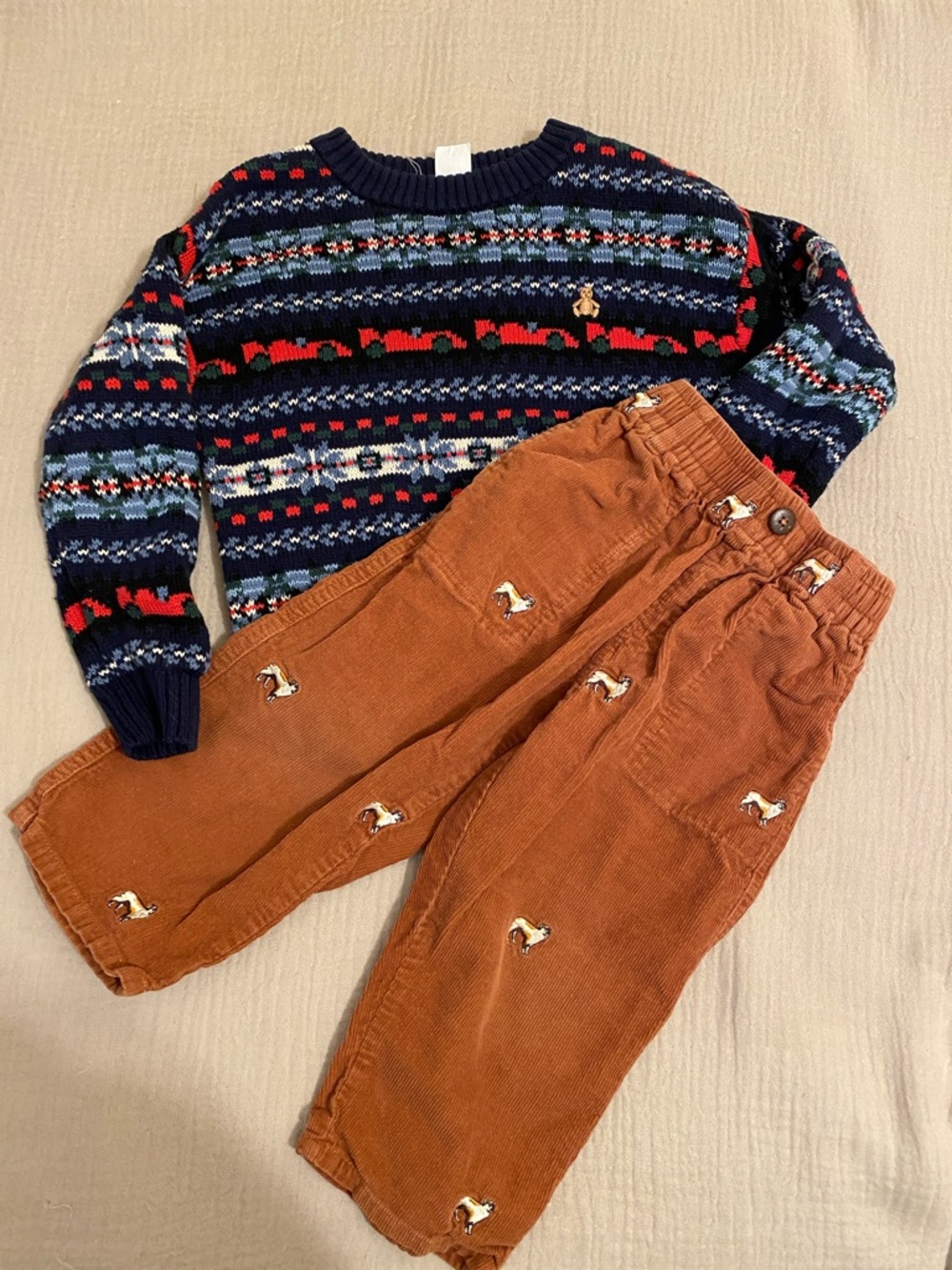 BLUE ROOSTER  ( 2 Y)  Dog print pants & GAP ( 3Y ) Crewneck Sweater . Set